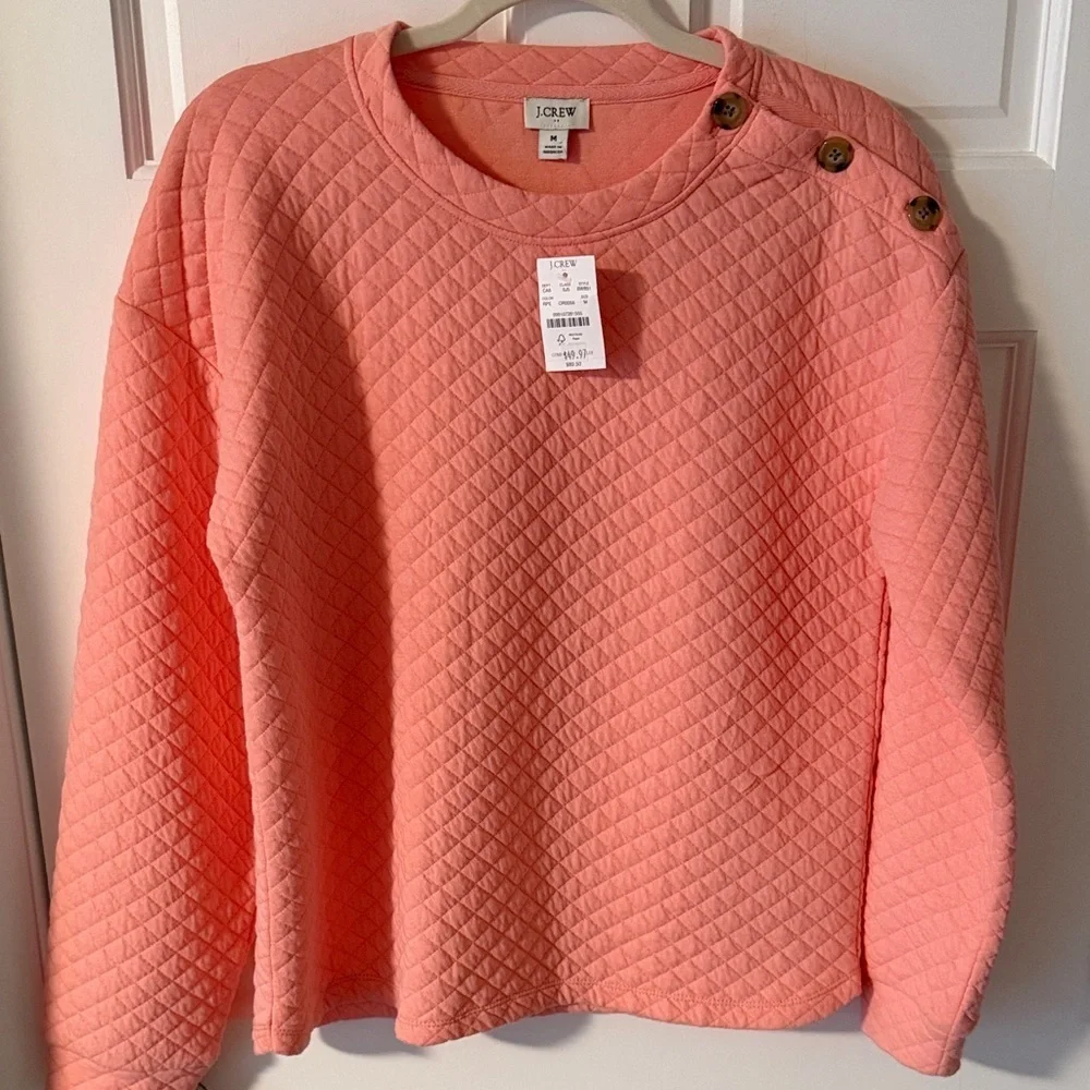 NWT Women’s J. Crew Coral Quilted Button-Shoulder Sweatshirt Size Medium